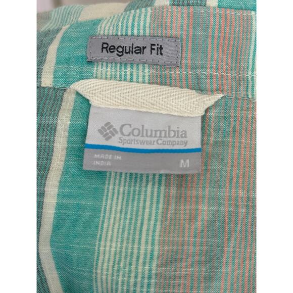 COLUMBIA SHORT SLEEVE BUTTON UP REGULAR FIT light green  PLAID MENS MEDIUM - Picture 5 of 6